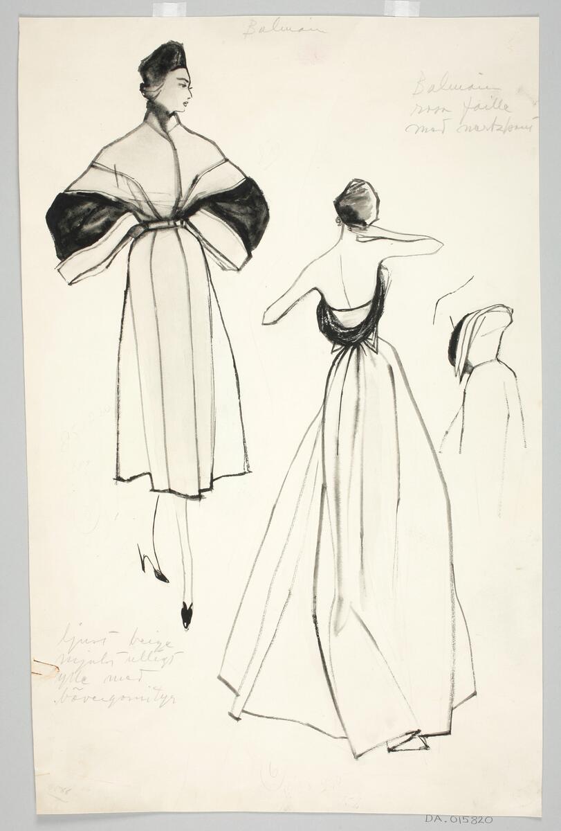 Modeteckning med dam i hatt och löst sittande kappa med ärmar i avvikande färg. Damen  till höger bär lång klänning med djup urringning bak. Detaljskiss visar skärningen fram.