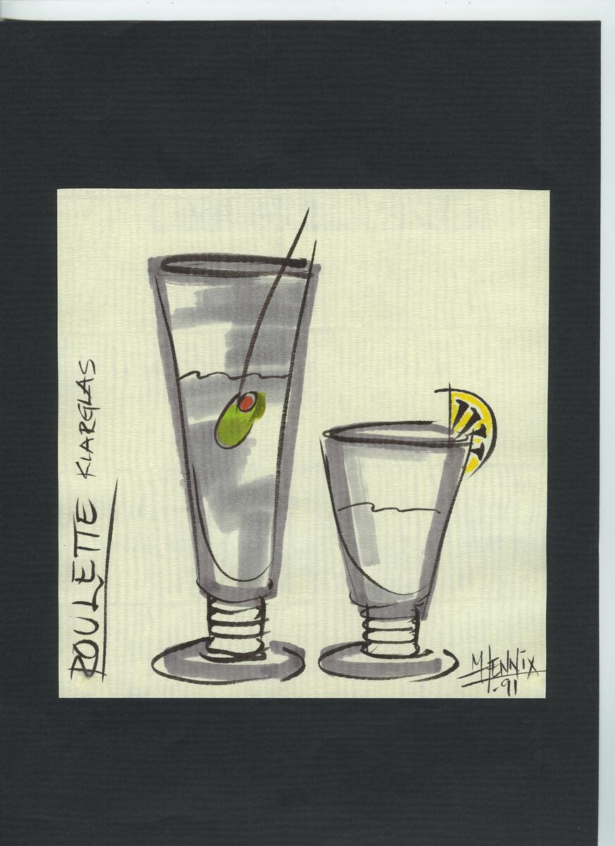 Ölglas i grått och gult med kort ben i form avränder, 17x12 cm. Vinglas i grått (klarglas) 18x17 cm. Arbetsritning (fotokopia) 42x29 cm.
