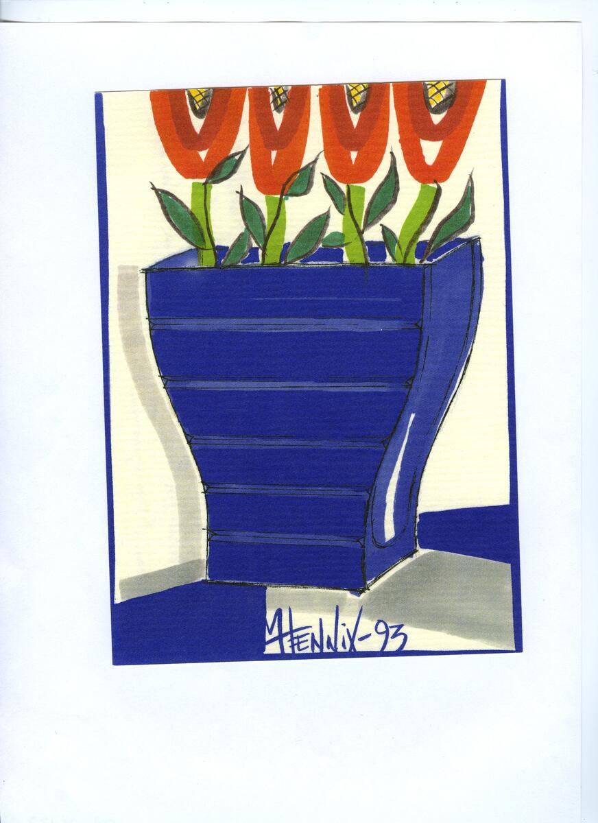 Skisser vaser konformad fot med spetsen upp med ett rör i, 18x12 cm. Konformad fot med spetsen ner och ett rör i, 10x6 cm. Färg lila.