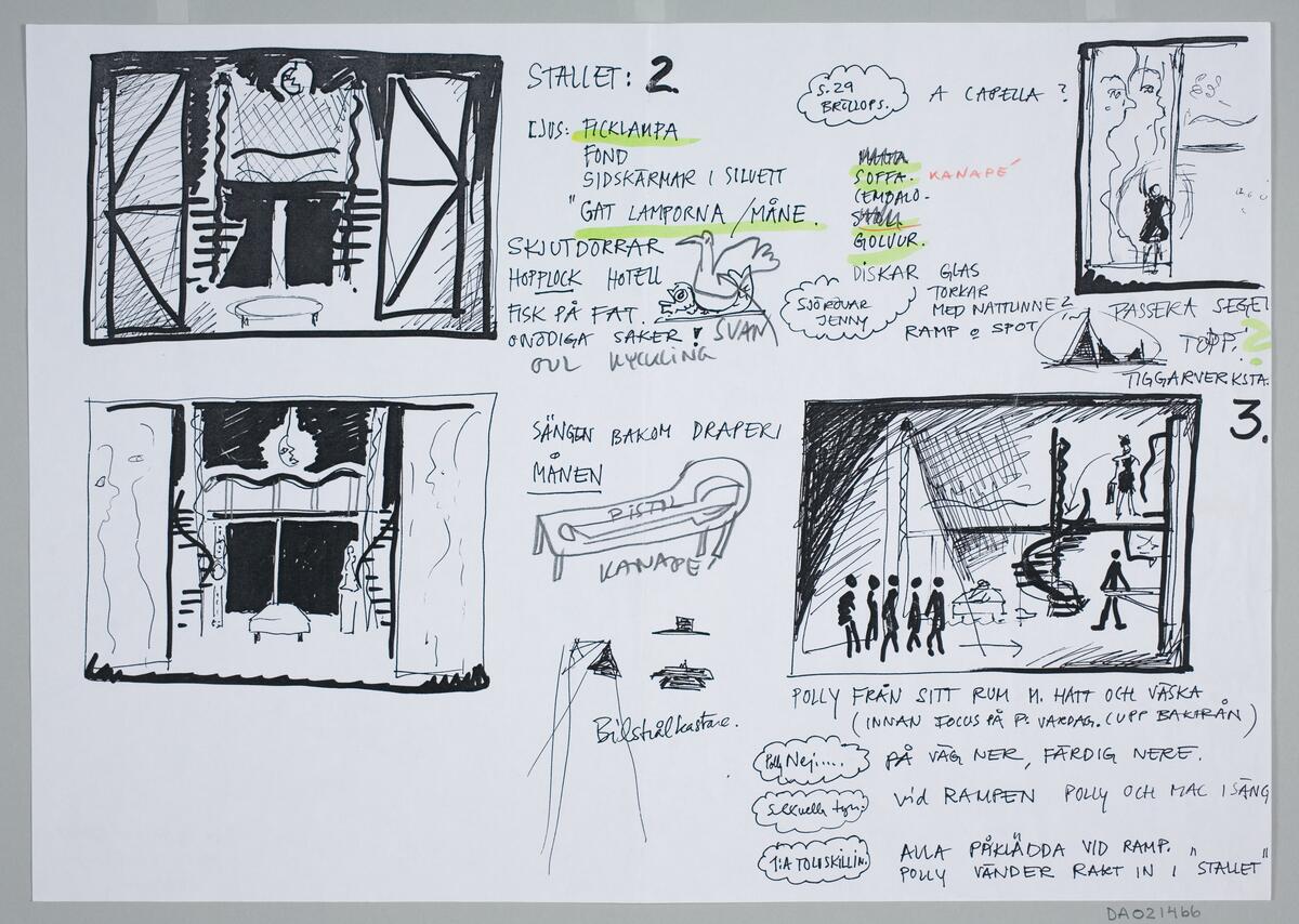 Fyra skisser av scenerna Stallet och Tiggarverkstaden. Kommentarer och beskrivningar.