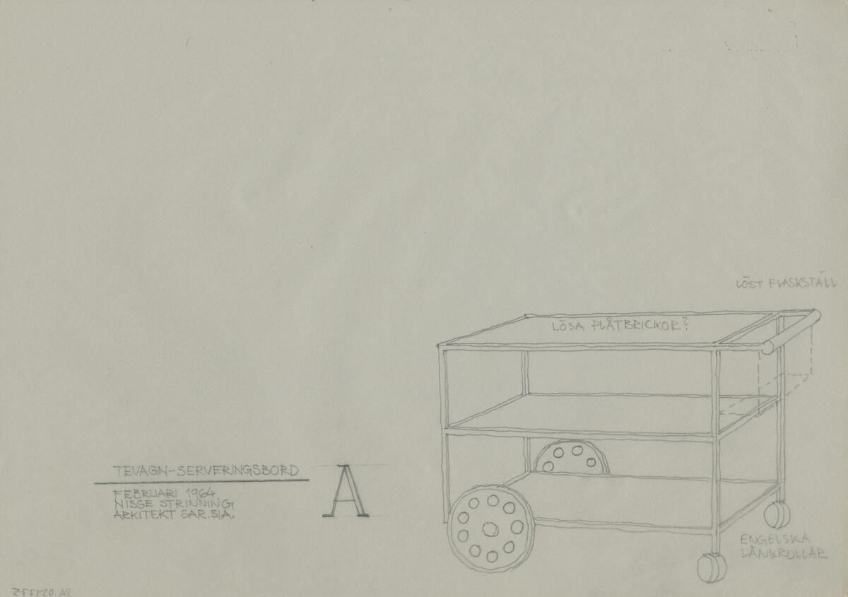 Skiss till en tevagn med fyra hjul samt två hyllplan. Vagnen visas ur olika perspektiv med förklarande noteringar och måttangivelser.