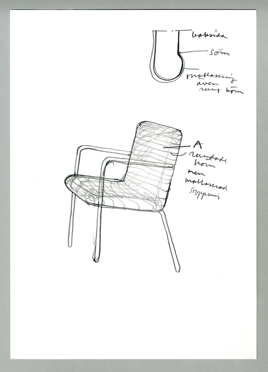 Fåtölj/stol med stål armstöd och rygg och sittdynan i randigt tyg.