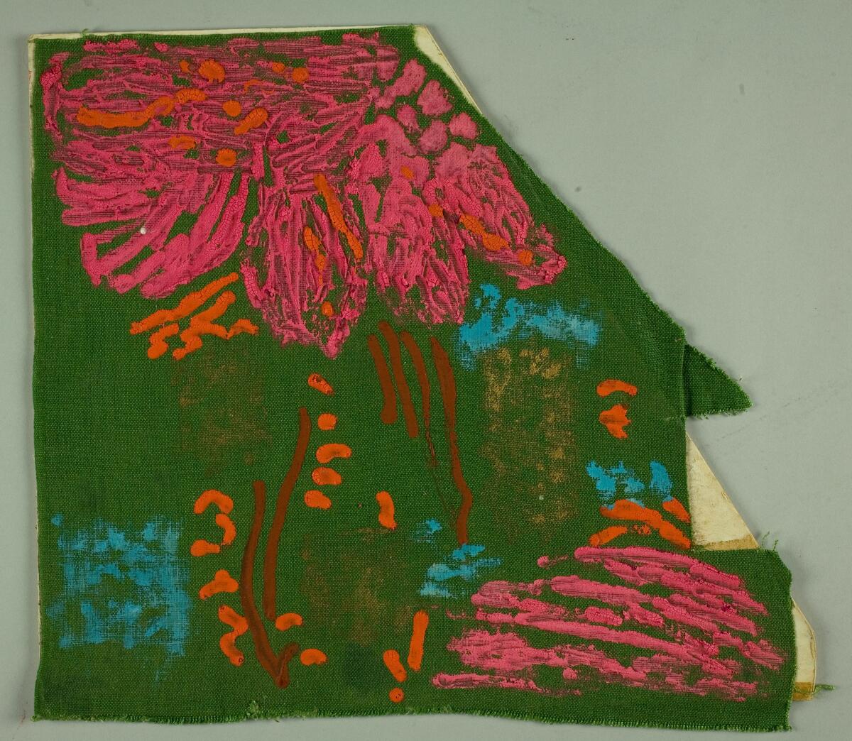 Skissförslag med abstrakta mönster i olika tekniker till tryckta och vävda textilier, bla för Södra Kalmar Läns Hemslöjdsförening. Några skisser med människor.