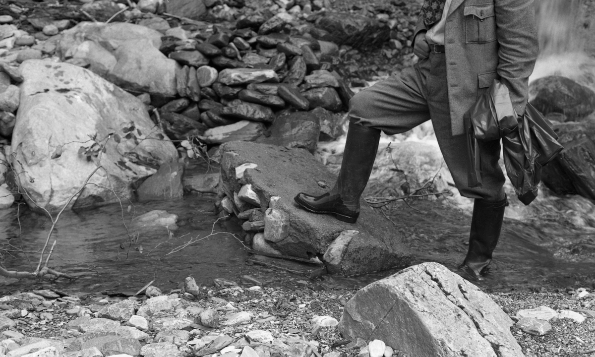 Fra befaringa etter flommen i Tromsa i Fåvang i Ringebu kommune i Gudbrandsdalen i pinsehelga i 1958. På dette fotografiet ser vi kroppen - ikke hodet - til en dresskledd mann med langskaftete gummistøvler. Han sto i elveløpet, som på dette tidspunktet hadde meget moderat vannføring, med den ene foten på en betongklump, antakelig et bruddstykke fra dammen. Bildet etterlater et inntrykk av at dammen var forvitret, og at de som hadde stått for støpearbeidet hadde drøyet massen med atskillig halvstor stein, som neppe hadde bidratt positivt til murens bruddstyrke.

Se ellers fanen «Opplysninger» der det er litt informasjon om flommen og det påfølgende skadeoppgjøret.