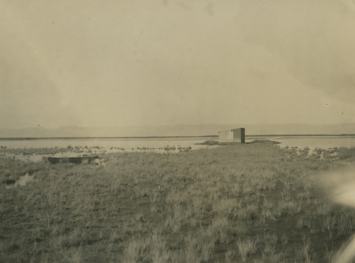 Fotografi från expedition till Peru 1920. Vy över kargt landskap vid flod.