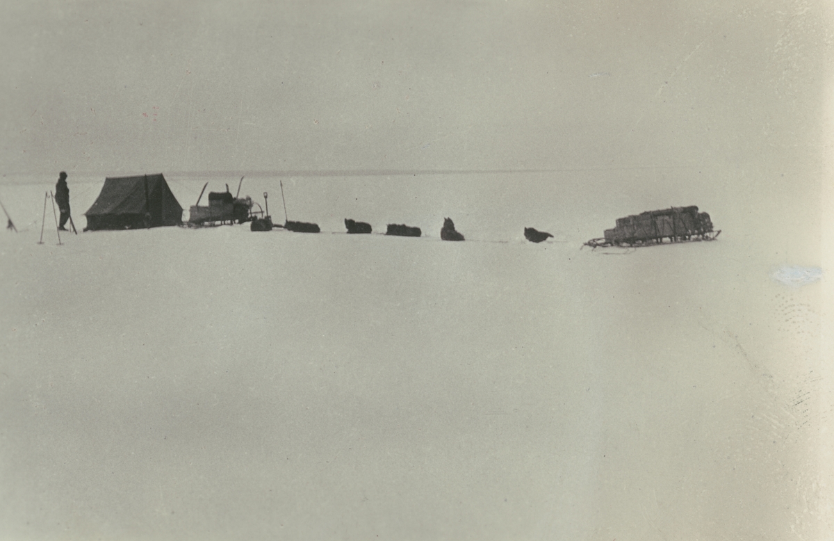 Fotografi från Ahlmannexpeditionen 1931. Motiv av lägerplats på inlandsisen.