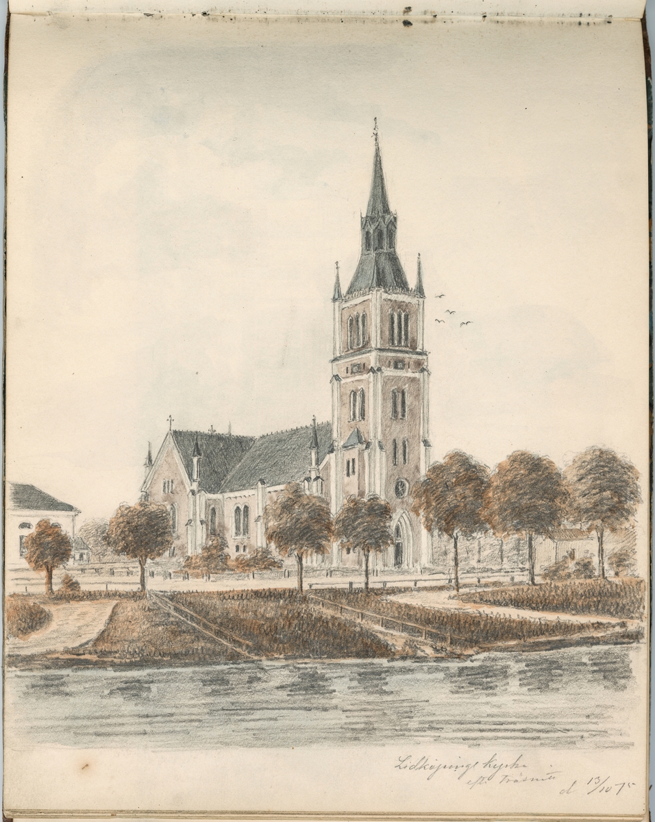 Akvarell: Lidköpnings Kyrka efter träsnitt 13/10 1875.

Ur ett halvfranskt band med blyertsteckningar och akvareller.