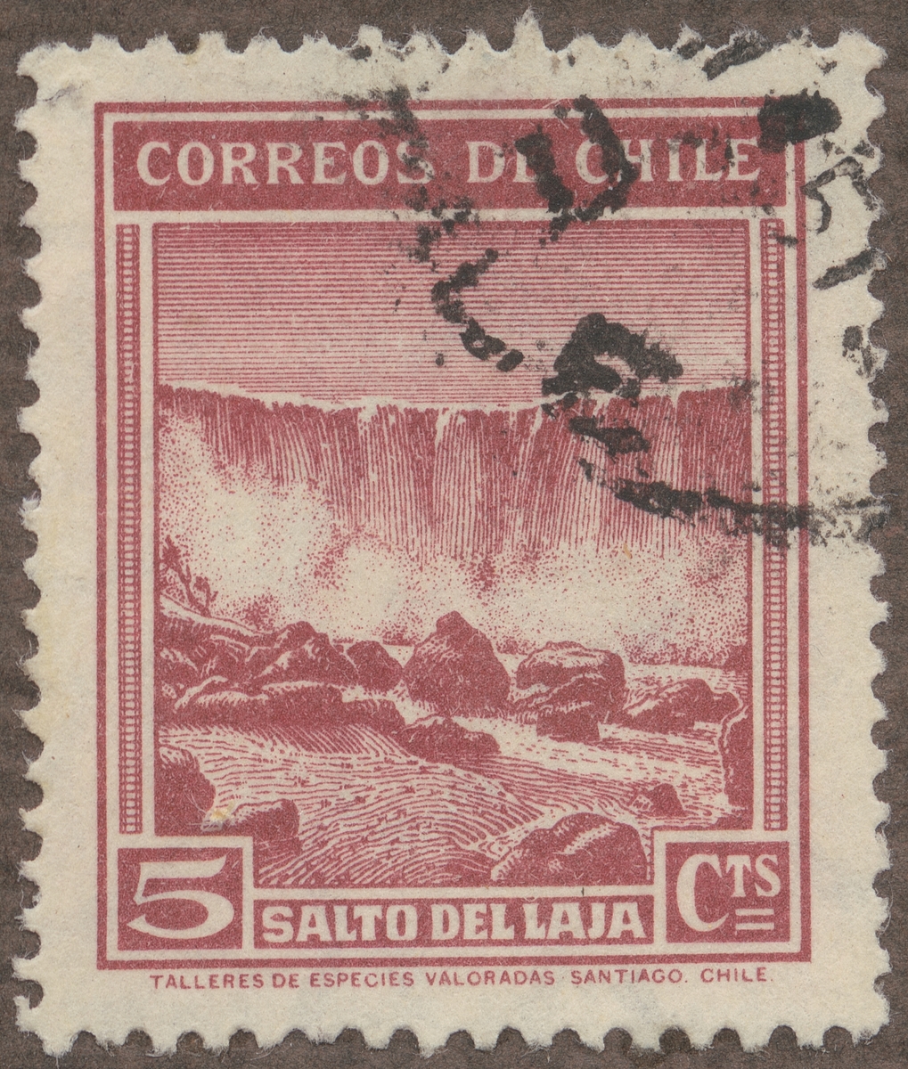 Frimärke ur Gösta Bodmans filatelistiska motivsamling, påbörjad 1950. Frimärke från Chile, 1938. Motiv av Vattenfallet vid Laja, Chile
