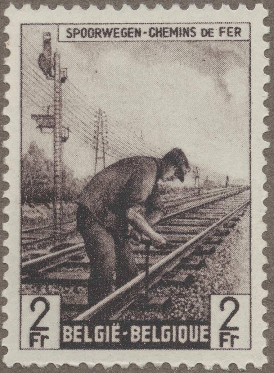 Frimärke ur Gösta Bodmans filatelistiska motivsamling, påbörjad 1950. Frimärke från Belgien, 1945. Motiv av Belgisk järnvägsarbetare: -"rälsreparation-"