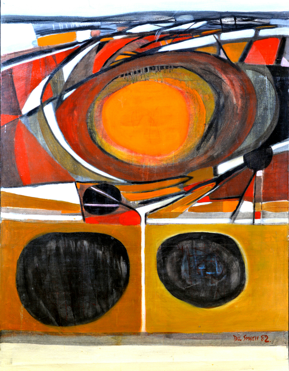 Abstrakt motiv - en stor oransje sirkel over to sorte i oransje felt