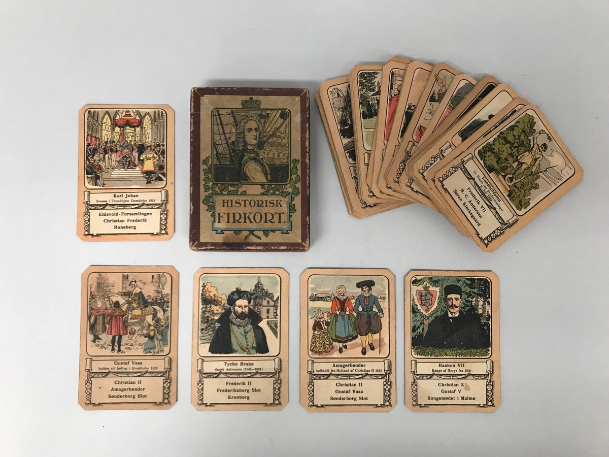 Eske med 48 spillekort med historiske motiver og personer