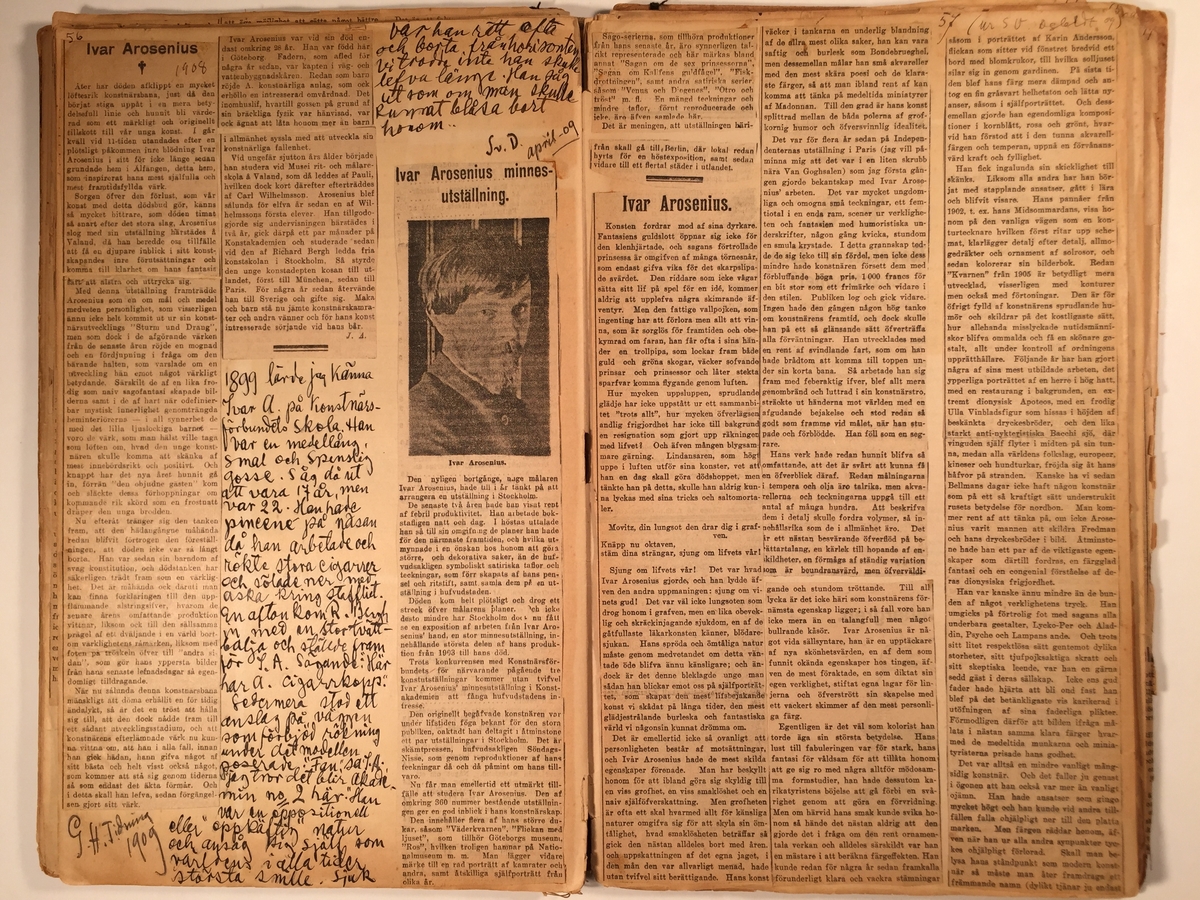 Klippbok med urklipp från Svenska Dagbladet 1907 och framåt. Innehåller personliga anteckningar.