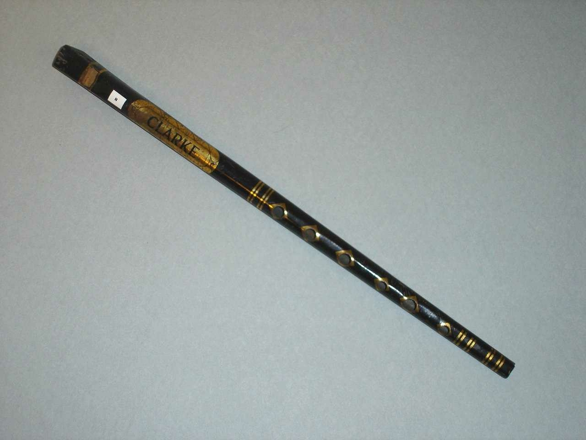 Blikkfløyte laget av plate som er bøyet til et omvendt konisk rør. Blokk av tre. Malt svart med en enkel gull-dekor.
Identisk med RMT 87/48 "Tin whistle"
Seks fingerhull.