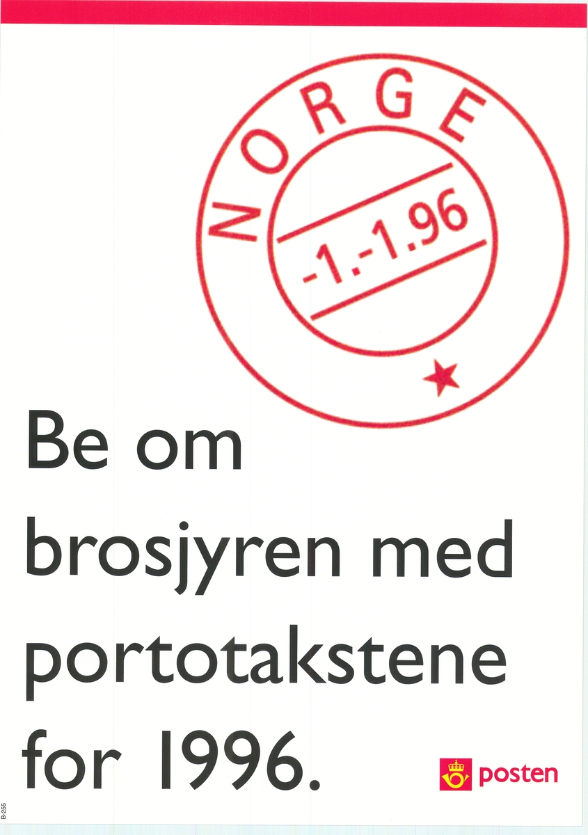 Tosidig plakat med tekst på bokmål og nynorsk.  Røde og svarte bokstaver på hvit bunn. Postlogo.