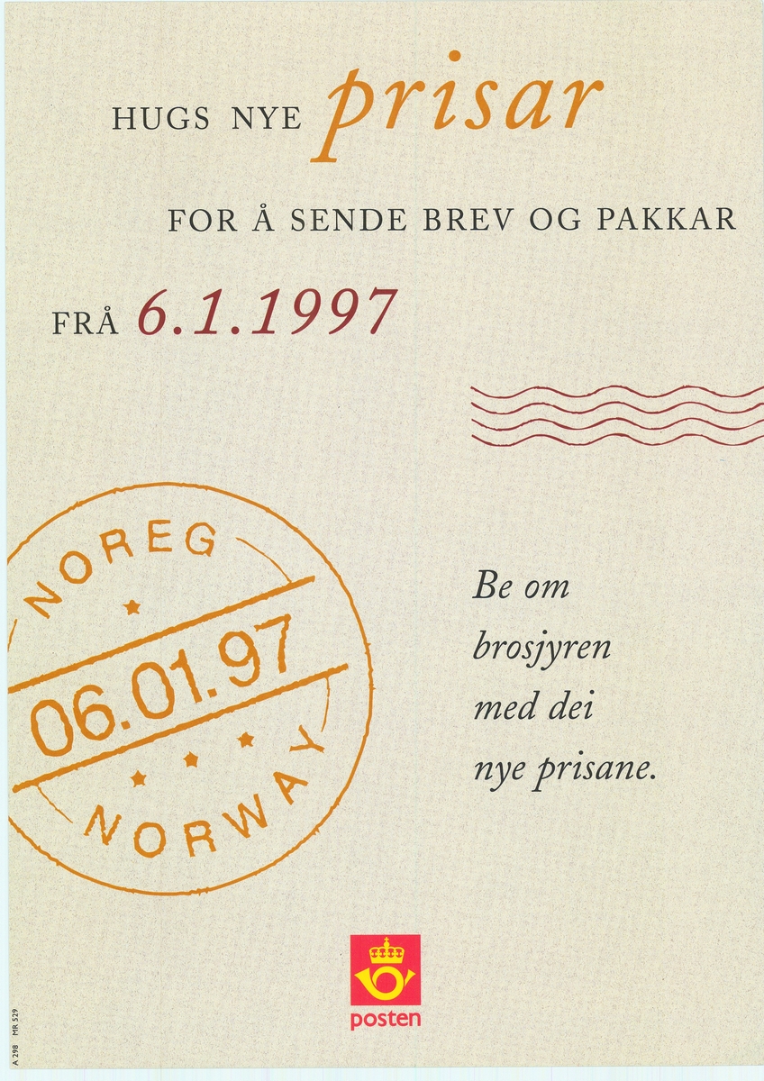 Tosidig plakat med tekst på nynorsk og bokmål. Rød og svart skrift på grå bunn. Postlogo.
