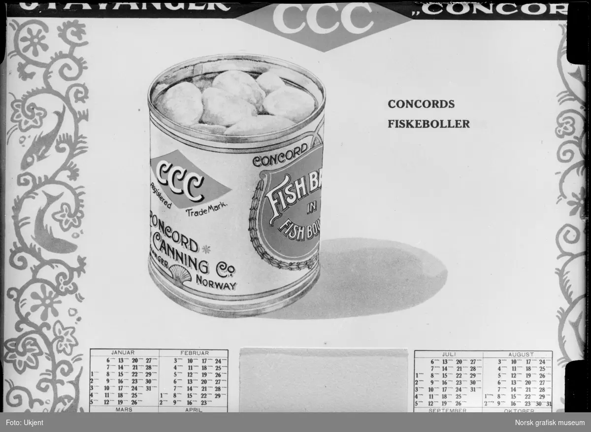 Reklame for fiskeboller på boks fra hermetikkfabrikken Concord Canning Co. Det er bilde av en åpen hermetikkboks.