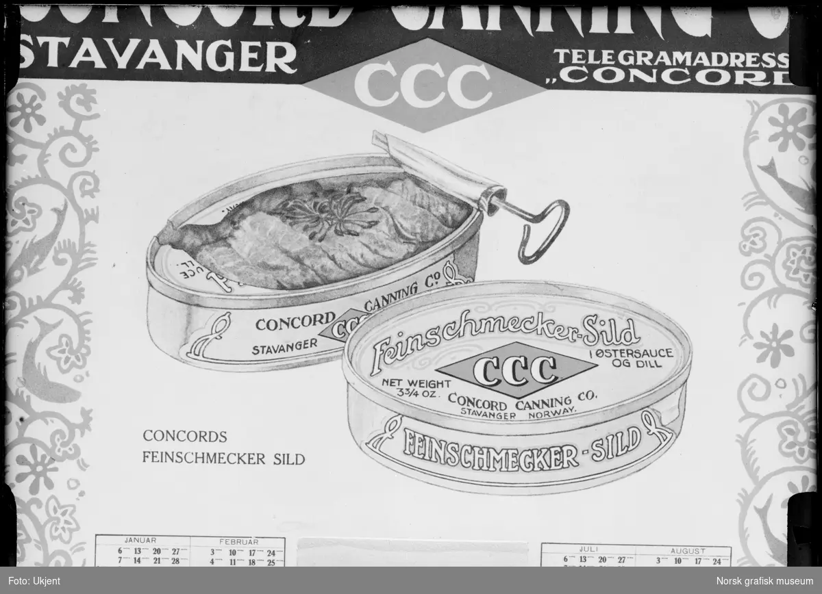 Reklame for hermetisk sild fra hermetikkfabrikken Concord Canning Co. Det er bilde av en åpen og en lukket hermetikkbok med tittelen: " Feinchmecker-sild".