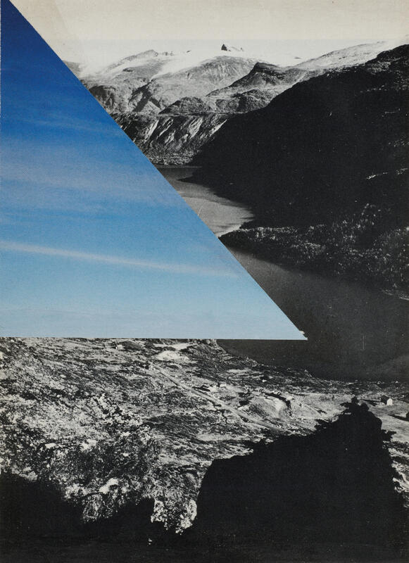 Et svart-hvitt bilde av en fjord, med en innlimt trekant av blå himmel. Kollasj og fotografi.