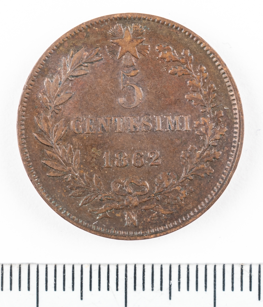 Mynt Italien 1862, 5 Centesimi.