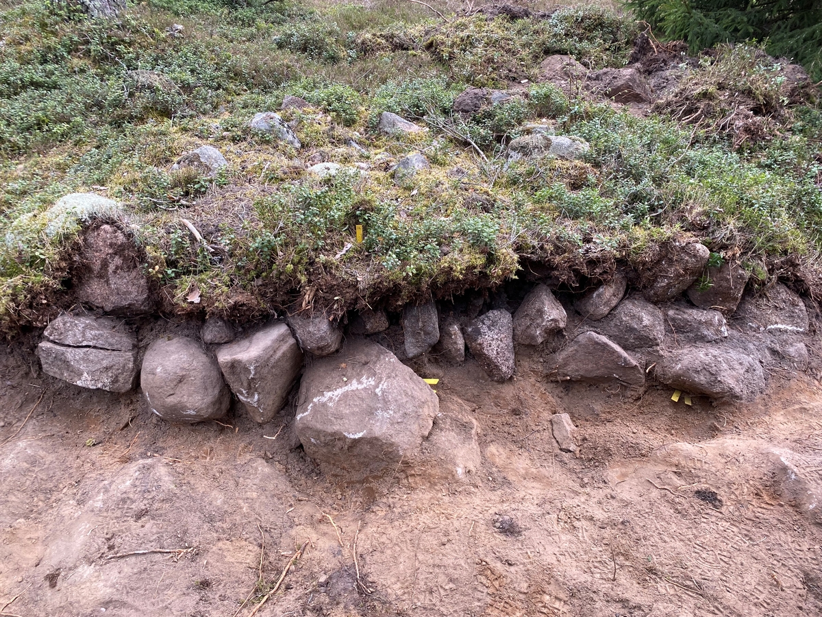 Ett odlingsröse som har halverats med grävmaskin, rensats upp och provtagits.

Bilden är tagen i samband med en arkeologisk förundersökning nordväst om Mullsjö, Jönköpings län.