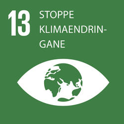 Logo for FNs bærekraftsmål nummer 13 med teksten Stoppe klimaendringane og grafikken er et øye der pupillen er byttet ut med en jordklode