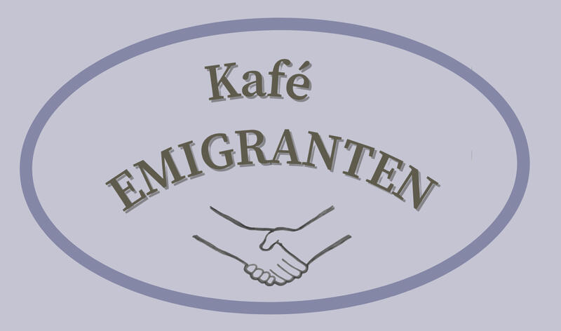 Kafé Emigranten Logo med to hender som håndhilser