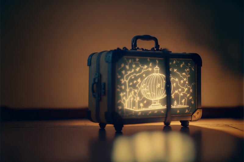En koffert med en lysende tegning av en ballong på siden.