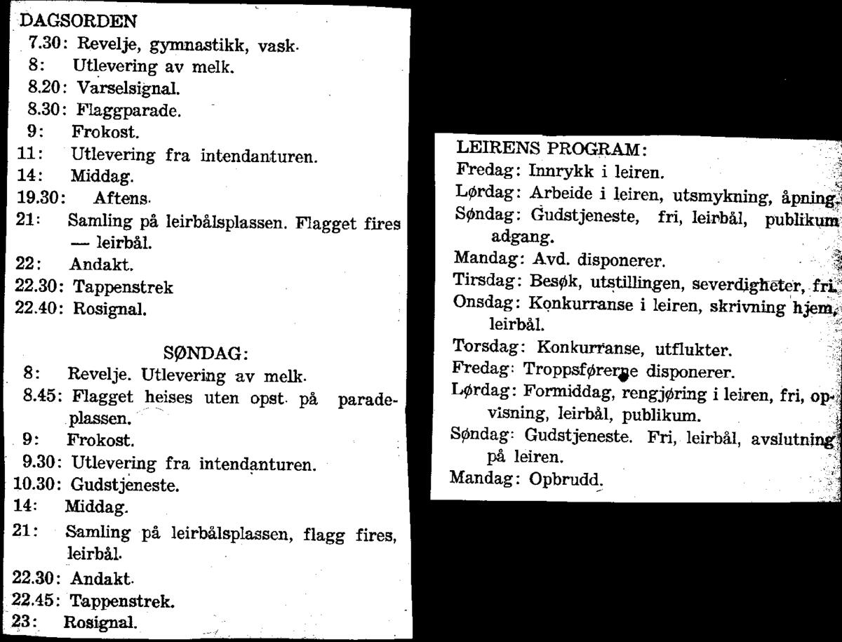 Program og dagsorden for speiderleiren på Lækkert i 1930