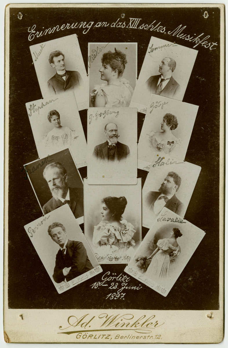 Bildekollasj med deltagere på den Xiii musikkfesten i Görlitz. 18-23 juni. 1897.

11 musikerer avbildet.