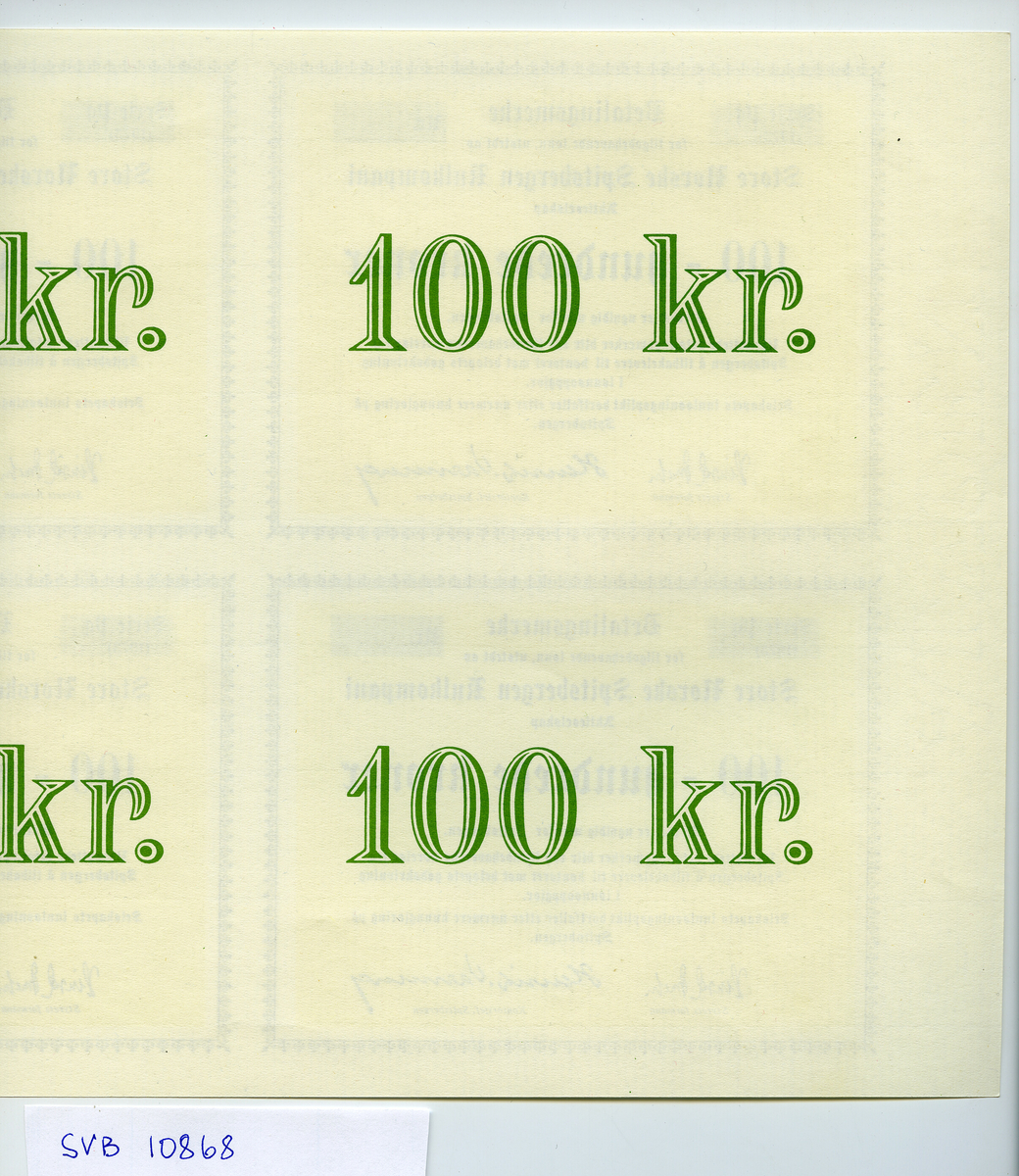 Ark med fire betalingsmerker utstedt av  Store Norske Spitsbergen Kullkompani, hver pålydende 100 kroner.
