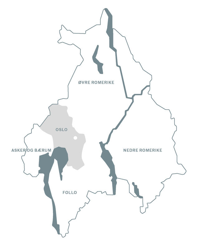 Kart over Akershus med regionene.