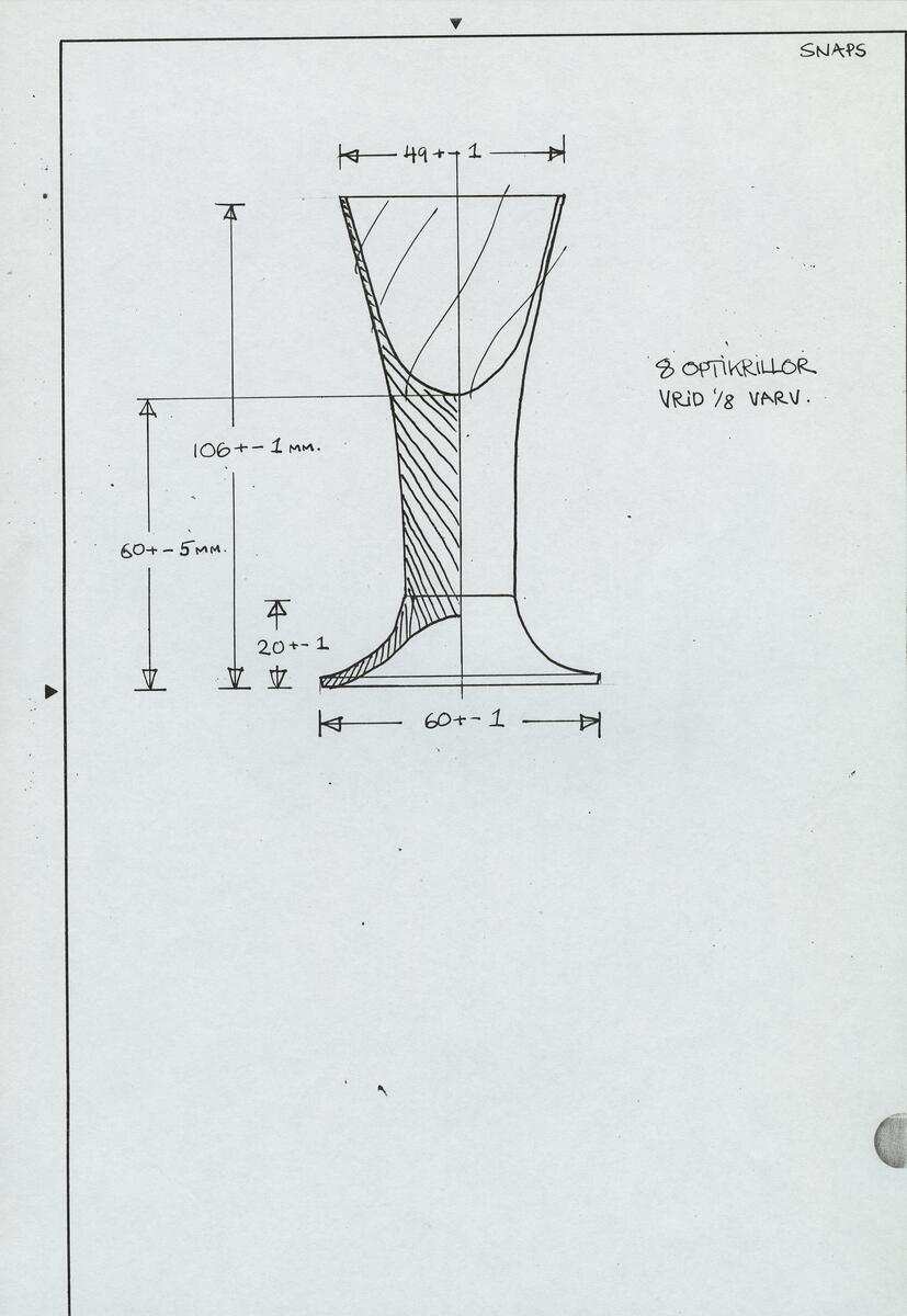 Skisser och mallar till en serie servisglas med rund optikkupa och kraftigt ben. Även ett tillverkningsschema från Kosta glasbruk är inkluderat.