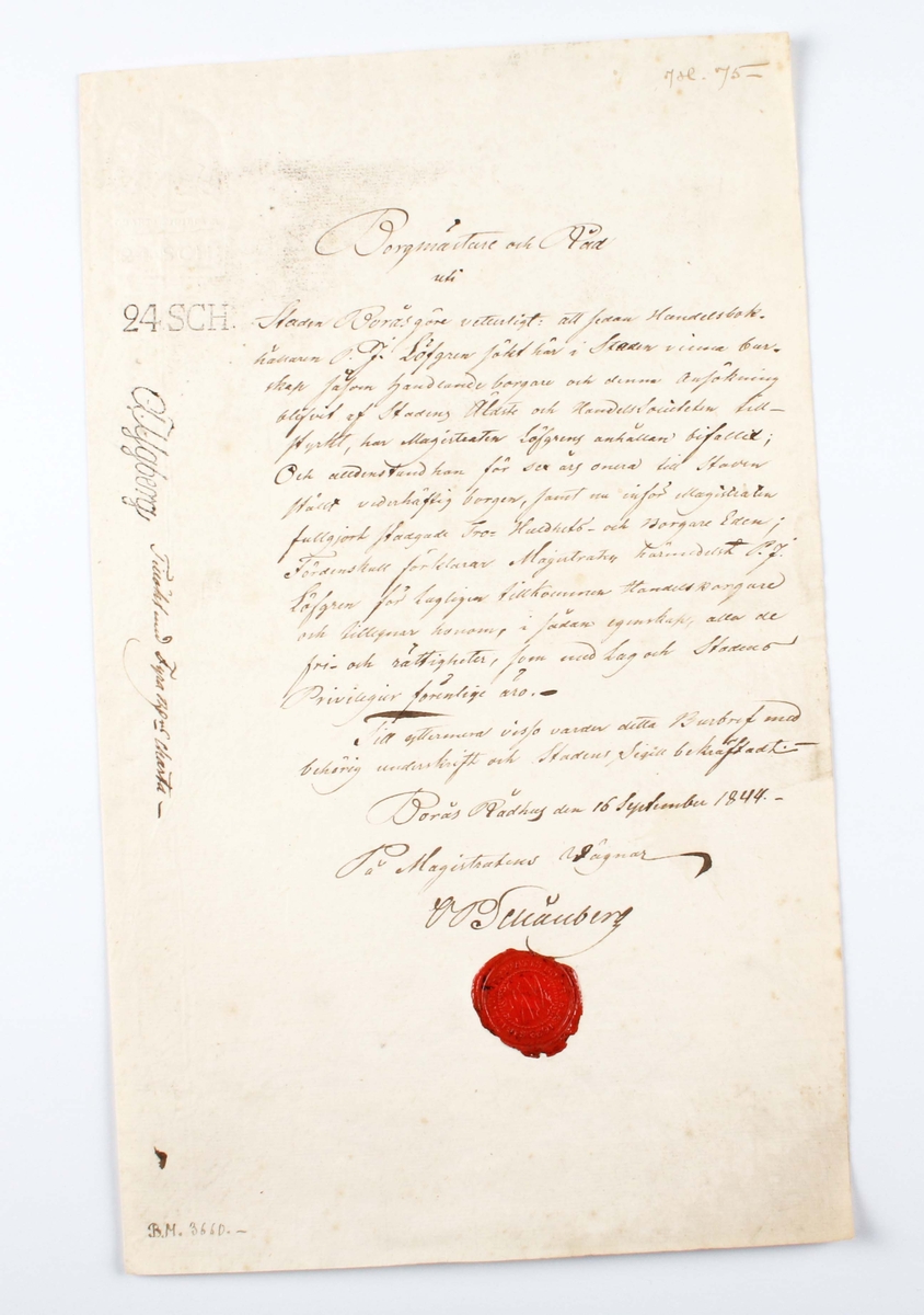 Stort, vikt papper med handskriven text på första sidan, samt stämplat med rött lacksigill med Borås stadsvapen. "Burbrev som handelsborgare för P. J. Löfgren, utfärdat på magistratens vägnar av O. P. Schånberg, Borås Rådhus, den 16 september 1844."

Burbrev (även burskapsbrev) var en handling, genom vars erhållande en man vann burskap i en stad. Förr utfärdades burbreven av stadens magistrat. (Wikipedia)

Burskap, från medellågtyskans bûrschap, var fram till tiden för näringsfrihetens tillämpning i Sverige 1864 den lagliga rättigheten att utöva ett yrke i en stad och åtnjuta de förmåner som tillkom borgare. (Wikipedia)