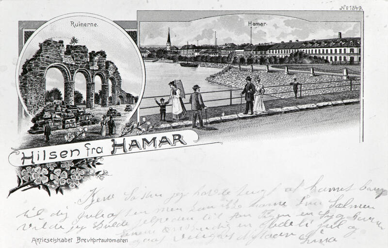 Gammelt postkort med tegning av domkirkeruinen og Hamars strandlinje, men banner påskrevet "Hilsen fra Hamar" og uleselig håndskriftshilsen.