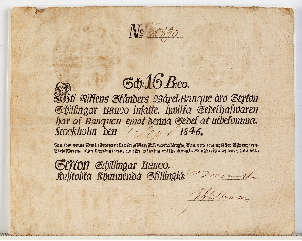 Sedel i valören 16 skillingar banco. Utgiven i Stockholm den 7 sep. 1846.
