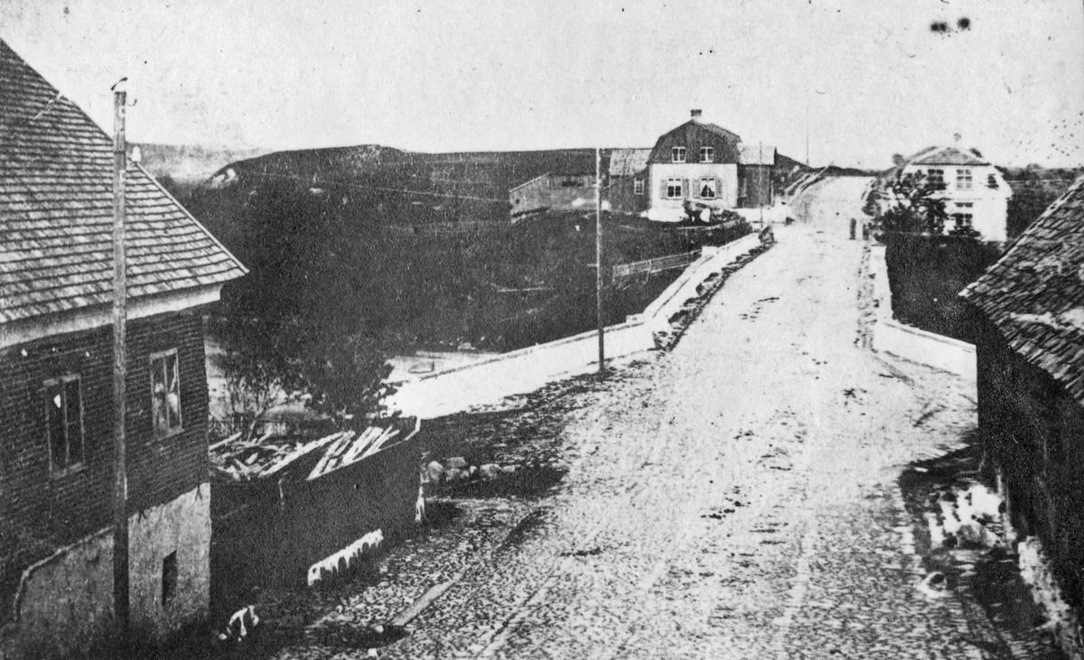 Tullbron sedd från Brogatan. I bakgrunden ses till vänster f.d. södra Tullhuset och till höger Brohuset. Telegrafledningen som tillkom 1866 synes längs brons vänstra sida.  Bilden förekommer både i album K 24 och K 28.