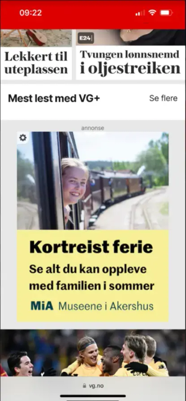 Skjerdump av forsiden på vg.no