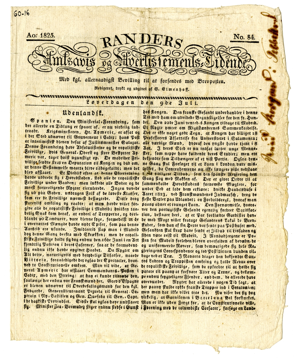 Eksemplar av avisen Randers Amtsavis og Advertissements-Tidende fra 1824, består av 1 falset ark (4 sider) trykt i fraktur.