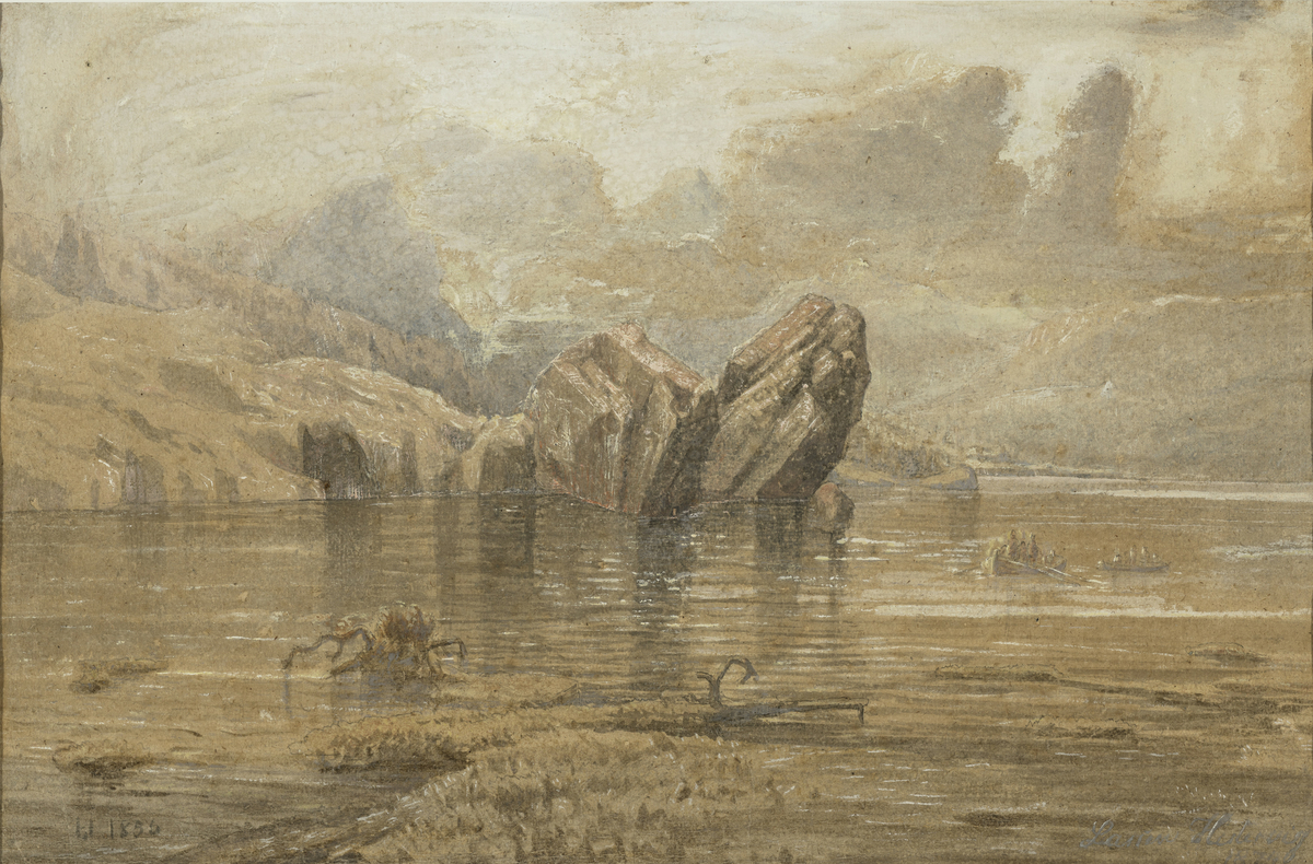 Fjordlandskap med to store stiner og robåter ved stranden [Akvarell og gouache på papir]