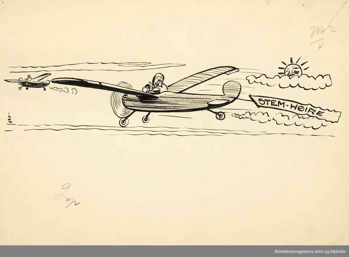 Tegning av Jan Lunde. C. J. Hambro (?) i fly med "Stem-Høire" banner. Udatert.