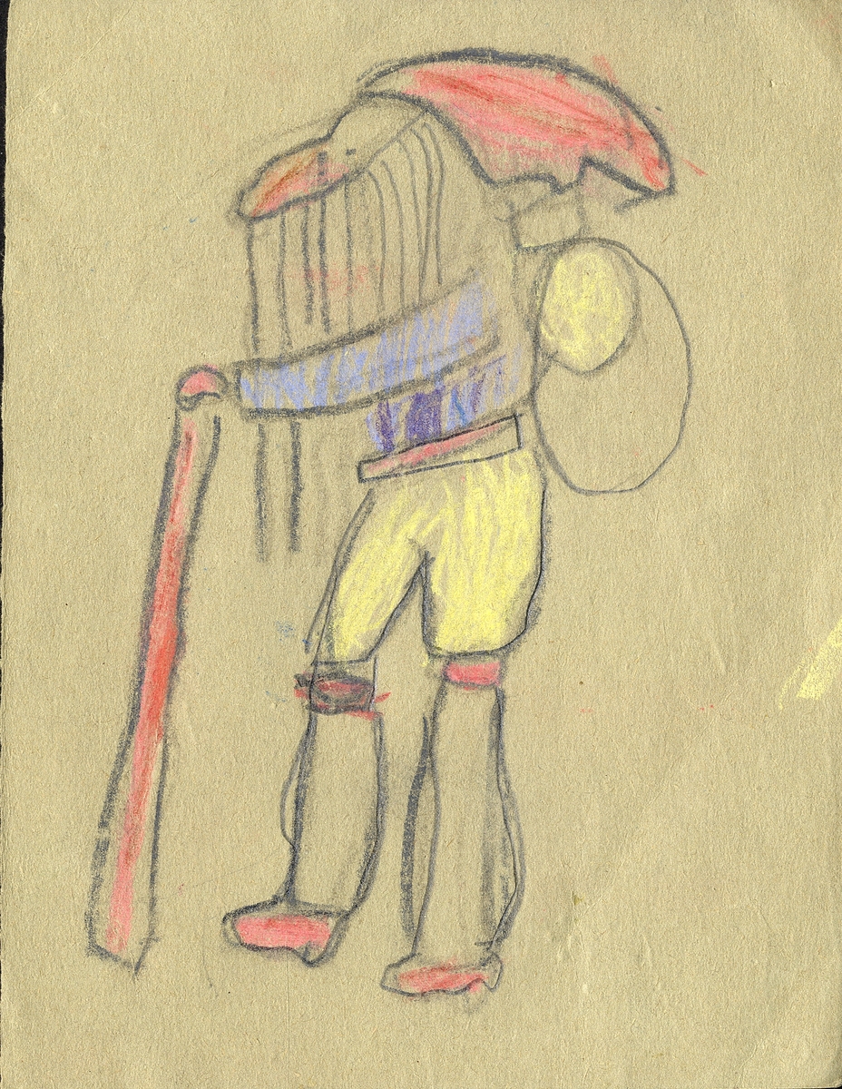 En jultomte med gula knäbyxor, blå tröja och röd mössa, med käpp och säck på ryggen. På baksidan ytterligare en färglagd
tomte.
