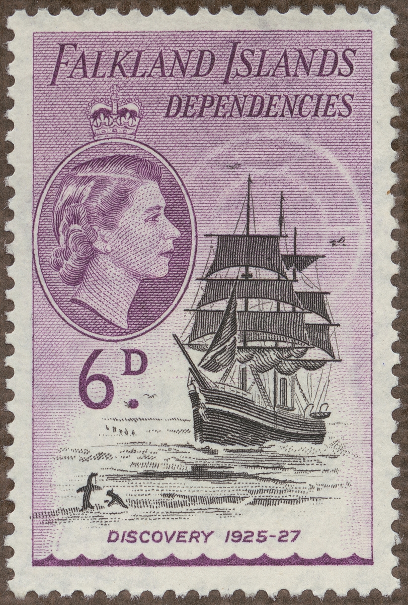 Frimärke med motiv av RRS (Royal Research Ship) Discovery 1925-1927 på hennes 2:a sydpolsexpedition Discovery Investigations. (1:a Discovery Expedition 1901-1904 med Robert Falcon Scott).
