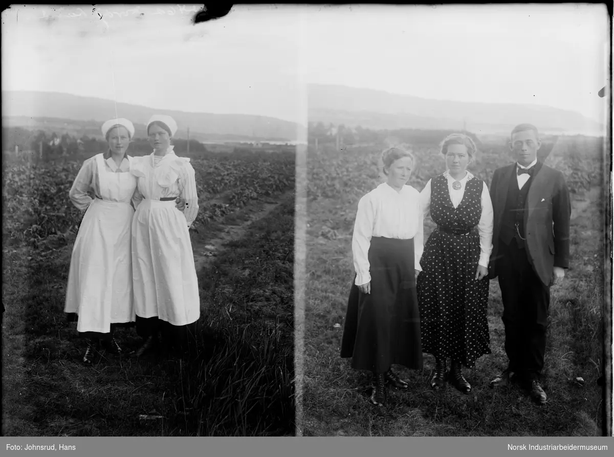 Dobbeltbilde. Til venstre: To kvinner på jorde. Begge kledd i pleieruniform med hodeplagg. Til høyre: To kvinner og en mann på jorde, alle kledd i pentøy.
