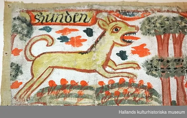Djurkavalkad. Bonad målad av Johannes Jönsson. Daterad 1826. Motiv: Hunden, haren, räven, grävsvinet (grävlingen), hjorten, enhörningen, elefanten, kamelen, björnen, lejonet.
