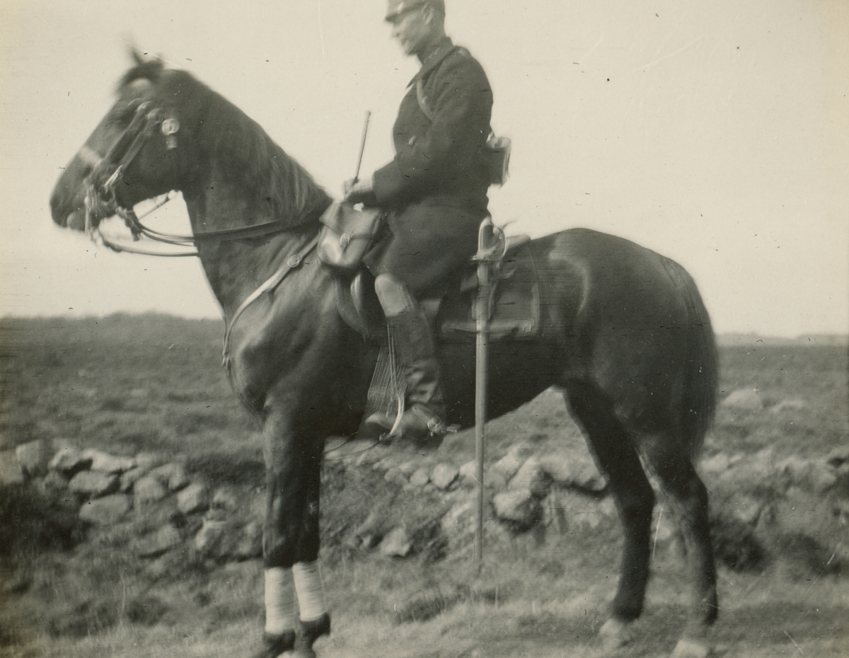 Soldat sittandes på tjänstehäst.

Notering under foto i Album 13: Kapten P Sylwan på hästen Bard.