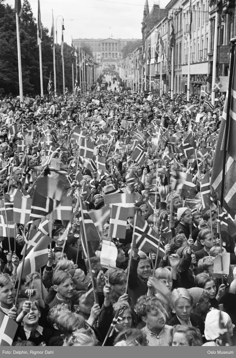 folketog, mennesker, norske og danske flagg, banner, forretningsgårder, park, Slottet