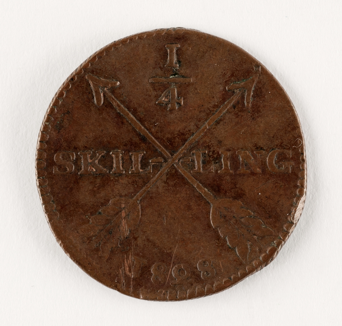 Mynt, SVeriges, Karl XIV John (1818-1844), Avesta, 1/4 skilling 1828, koppar. På aversen två korsade pilar, på reversen kungens namnskiffer och valspråk.

 
