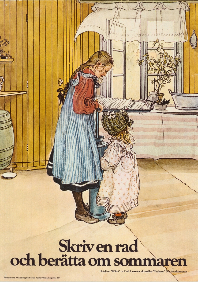 Illustration av två flickor möjligtvis kärnar smör. Illustrationen, "Köket", är tagen från Carl Larssons akvarellsamling "Ett hem".