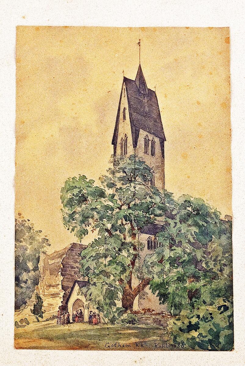 Akvarell som föreställer kyrkan och kastalen i Gothem. Målad av Johan Kahl 1886.

Höjd 25, bredd 16 cm.