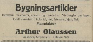 Reklame for bygningsartikler i Arthur Olaussen landhandleri fra 1929. Akershus Arbeiderblad, 20.04.1929. Nasjonalbiblioteket.
